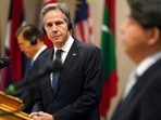 US Secretary of State Antony Blinken looks towards Japanese Foreign Minister Yoshimasa Hayashi during a joint press availability along with South Korean Foreign Minister Chung Eui-yong following their meeting in Honolulu, Saturday, February. 12, 2022. (Kevin Lamarque/Pool Photo via AP)