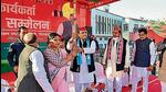 Samajwadi Party chief Akhilesh Yadav at a party workers’ conference in Firozabad on Sunday. (PTI PHOTO)