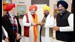 Union home minister Amit Shah receives a memento from Akal Takht jathedar Giani Harpreet Singh at the Golden Temple, in Amritsar on Sunday. Union minister Hardeep Singh Puri and BJP leader Manjinder Singh Sirsa are also seen. (ANI) Union home minister Amit Shah receives a memento from Akal Takht jathedar Giani Harpreet Singh at the Golden Temple, in Amritsar on Sunday. Union minister Hardeep Singh Puri and BJP leader Manjinder Singh Sirsa are also seen. (ANI)
