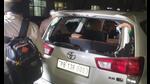 The smashed windshield of BJP Gill constituency candidate SR Ladhar ‘s car on Sunday.