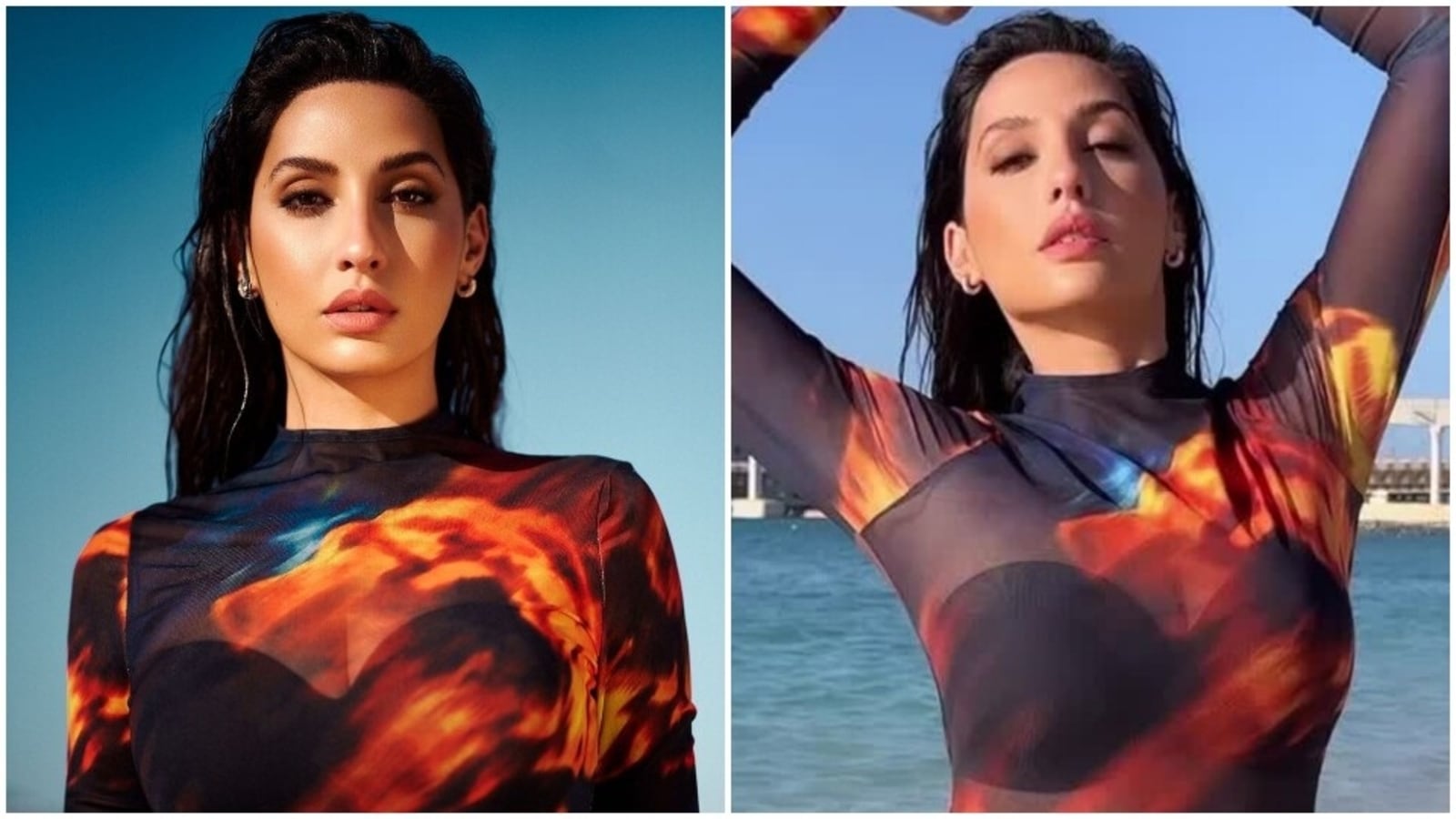 Nora Fatehi sets Dubai on fire in â‚¹4k see-through dress for beach shoot |  Fashion Trends - Hindustan Times