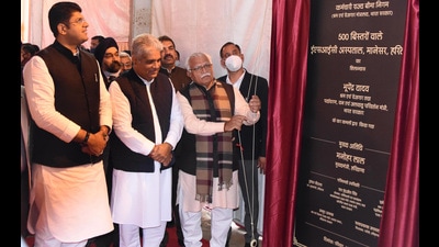 Gurugram, India - February 13, 2022: Union Minister Bhupender Yadav, Haryana Chief Minister Manohar Lal Khattar and Haryana Deputy Chief Minister Dushyant Chautala during the foundation stone laying ceremony of 500 bedded Employees State Insurance Corporation (ESIC) Hospital in Manesar, Gurugram, India on Sunday, February 13, 2022. (Photo by Parveen Kumar/Hindustan Times) Gurugram, India - February 13, 2022: Union Minister Bhupender Yadav, Haryana Chief Minister Manohar Lal Khattar and Haryana Deputy Chief Minister Dushyant Chautala during the foundation stone laying ceremony of 500 bedded Employees State Insurance Corporation (ESIC) Hospital in Manesar, Gurugram, India on Sunday, February 13, 2022. (Photo by Parveen Kumar/Hindustan Times)