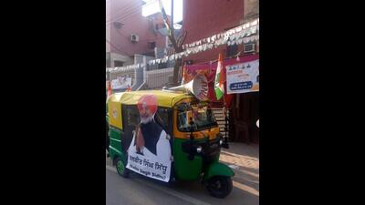 Amid the ban on roadshows with vehicles, auto-rickshaws or rehris on which party symbols and candidate’s images have been put up are travelling to every corner of Mohali. (HT Photo) Amid the ban on roadshows with vehicles, auto-rickshaws or rehris on which party symbols and candidate’s images have been put up are travelling to every corner of Mohali. (HT Photo)