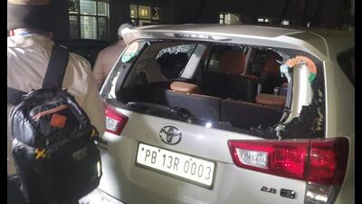 The smashed windshield of BJP Gill constituency candidate SR Ladhar ‘s car on Sunday.