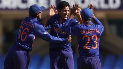 Raj Bawa after claiming a five-for in the U-19 World Cup 2022 final against England (Twitter/cricketworldcup)