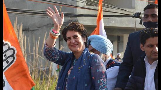 Congress general secretary Priyanka Gandhi Vadra during the Punjab assembly election campaign at Zirakpur on Sunday. (Sant Arora/HT)