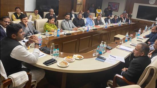 Deputy chief minister Dushyant Chautala in a meeting with industry representatives in Gurugram on Sunday. (SOURCED)