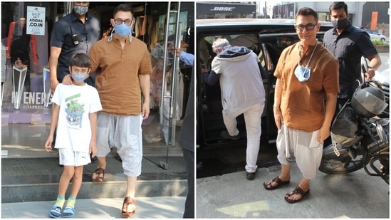 Aamir spends weekend with son Azad, sports dhoti pants-kurta on day out.  Watch