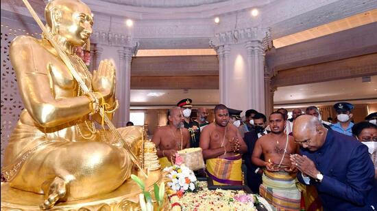 President Ram Nath Kovind during Sri Ramanujacharya Sahasrabdi Samaroham at Chinna Jeeyar Swami Ashram, in Muchintal, on the outskirts of Hyderabad on Sunday. (PTI PHOTO.)
