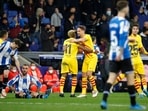 FC Barcelona's Luuk de Jong celebrates after scoring their second goal with teammate Adama Traore