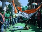 Trinamool Congress supporters celebrate party's victory in the Bidhannagar Municipal Corporation election in Kolkata on Monday.