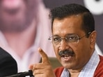 AAP leader and Delhi chief minister Arvind Kejriwal at a press conference, ahead of the upcoming Punjab state assembly elections, in Amritsar. (AFP)(HT_PRINT)