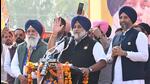 SAD president Sukhbir Badal addressed public gatherings in Sangrur on Monday in favour of Winnerjit Singh Goldy and Kulwant Singh Kanta in Barnala. He alleged that AAP supremo Arvind Kejriwal only wanted to use Punjab as a stepping stone to success. (HT Photo)