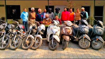 During questioning, the accused confessed that the motorcycle was stolen. Later, following the information provided by the accused, the police recovered nine other stolen vehicles dumped in a vacant plot in Ludhiana. (Gurpreet Singh/HT)