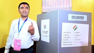 Goa Chief Minister Pramod Sawant shows his ink marked finger after casting vote for Goa Assembly elections at Sanquelim in North Goa on February 14. (ANI) Goa Chief Minister Pramod Sawant shows his ink marked finger after casting vote for Goa Assembly elections at Sanquelim in North Goa on February 14. (ANI)