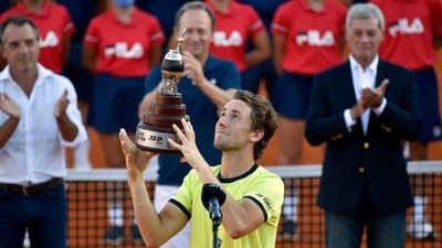 Casper Ruud of Norway holds the trophy after winning the Argentina Open final (AP)