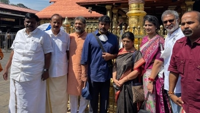 Chiranjeevi with his wife Surekha Konidela at the Sabarimala Temple. Chiranjeevi with his wife Surekha Konidela at the Sabarimala Temple.
