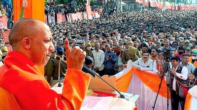Uttar Pradesh Chief Minister Yogi Adityanath at a public meeting, ahead of the second phase of the Uttar Pradesh Assembly elections, in Saharanpur. (PTI via Twitter @myogiadityanath)