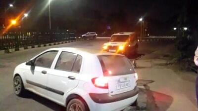 Though the four snatchers managed to flee on foot, they left behind the damaged car that was impounded by Chandigarh Police. (HT Photo)