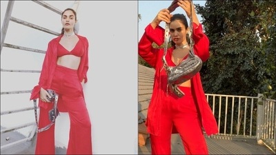 Taking to her social media handle, Gabriella shared a slew of pictures featuring her in a red bralette top that came with a plunging neckline to add to the hotness quotient.&nbsp; (Instagram/gabriellademetriades)