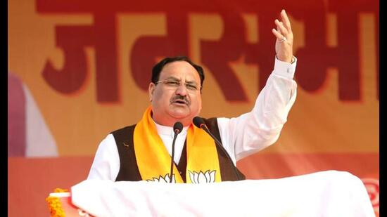 BJP national president JP Nadda addressing a public meeting in Kheri on Monday. (ANI Photo)