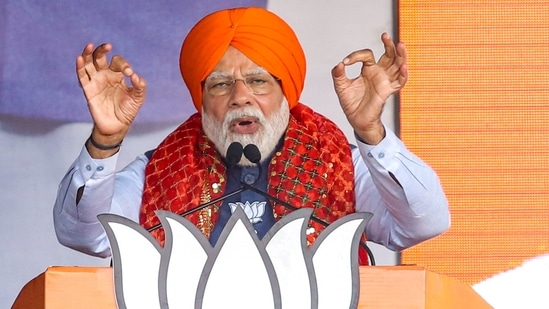 PM Modi speaks during a rally ahead of the Punjab Assembly elections, in Jalandhar.(PTI)