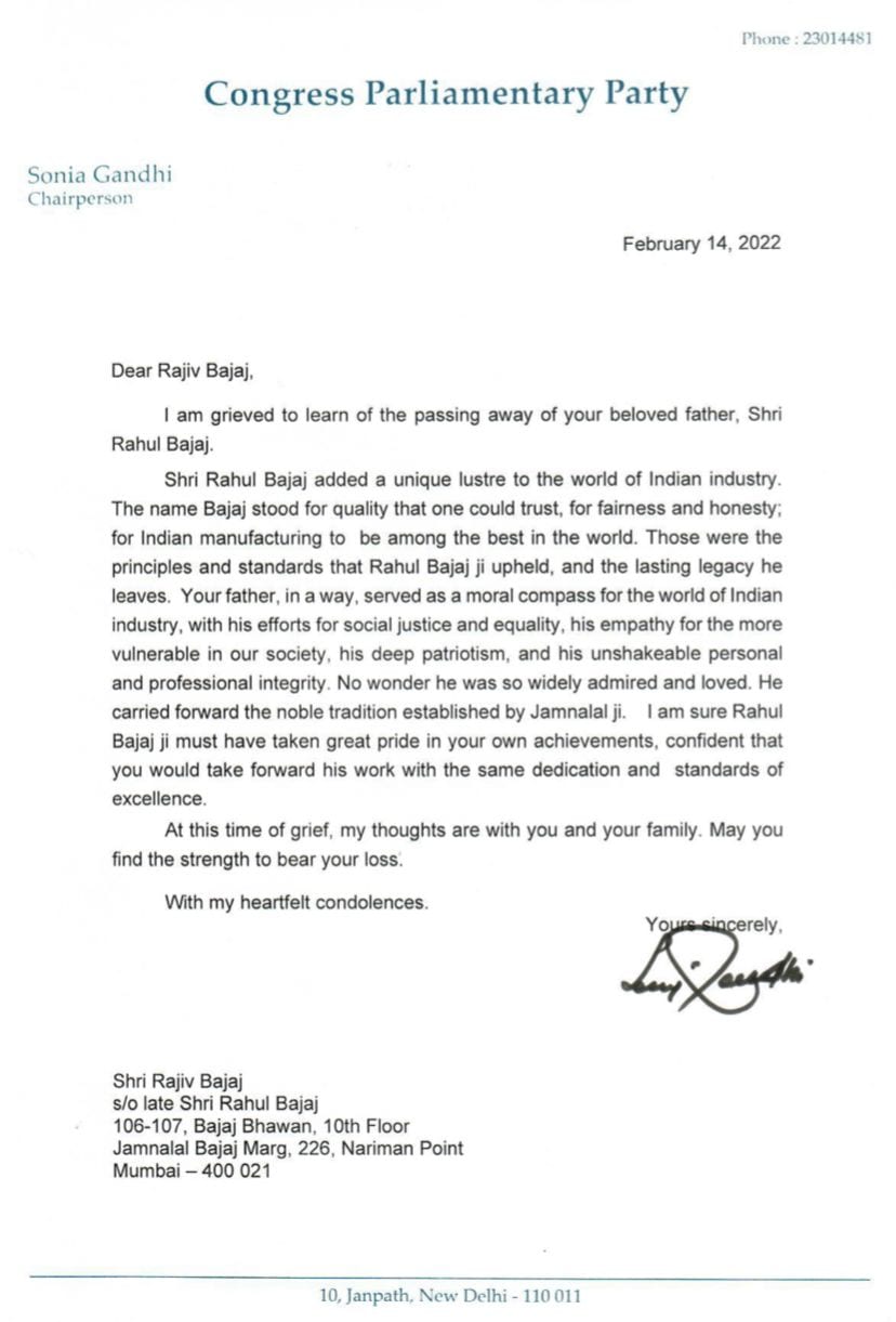 Sonia Gandhi's letter to Rajiv Bajaj