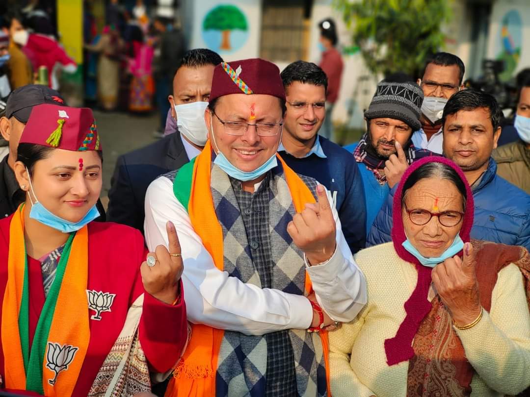 Uttarakhand chief minister Pushkar Singh Dhami poses for photo after casting his vote in Khatima. (HT Photo) Uttarakhand chief minister Pushkar Singh Dhami poses for photo after casting his vote in Khatima. (HT Photo)