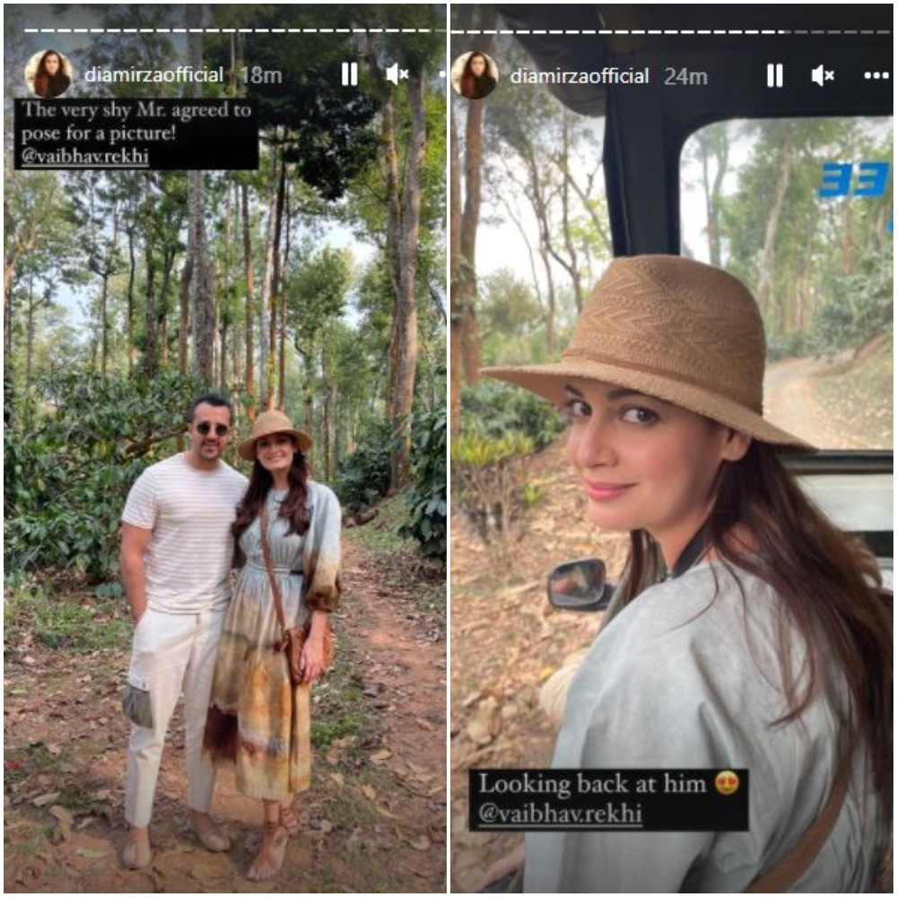 Dia and Vaibhav posed for the camera in a photo amid the greenery. Dia and Vaibhav posed for the camera in a photo amid the greenery.
