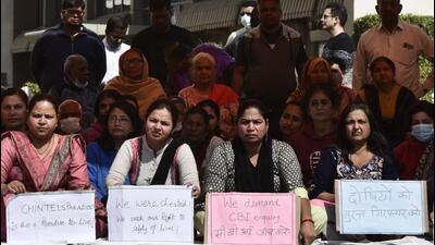 Gurugram , India - Feb. 15, 2022: Residents of Chintel Paradiso participate in a hunger strike demanding action against the builder, after multiple ceilings collapsed in the complex on February 10, in Gurugram, India, on Tuesday, February 15, 2022. (Photo by Vipin Kumar/ Hindustan Times) (Vipin Kumar/HT PHOTO)