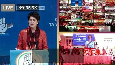 Congress General Secretary Priyanka Gandhi Vadra virtually addresses a rally for party candidates in Manipur ahead of the State Assembly elections, in New Delhi on Tuesday. (ANI)