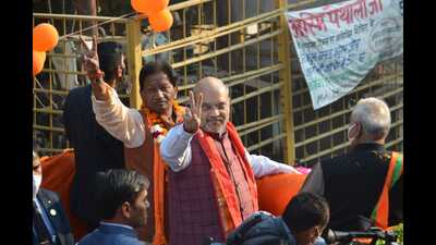 Amit Shah during a roadshow in Kanpur’s Arya Nagar and Sisamau on Tuesday. (HT PHOTO) Amit Shah during a roadshow in Kanpur’s Arya Nagar and Sisamau on Tuesday. (HT PHOTO)