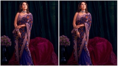 Assisted by makeup artist Lekha Gupta, Madhuri decked up in nude eyeshadow, black eyeliner, mascara-laden eyelashes, contoured cheeks and a shade of nude lipstick. (Instagram/@madhuridixitnene)