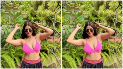 In bright colours, Mrunal matched her state of mind with her attire as posed in her resort's garden for pictures. (Instagram/@mrunalthakur)