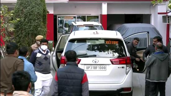 MoS Home Ajay Mishra Teni arrives at the residence of his son Ashish Mishra to meet him, in Lakhimpur Kheri on Tuesday. (ANI)