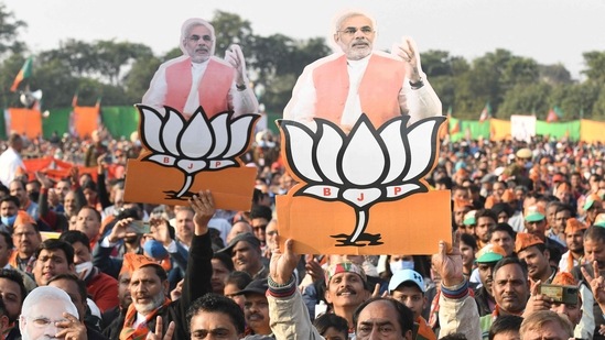 Supporters of the Bhartiya Janata Party (BJP) gather ahead of Prime Minister Narendra Modi's address in Jalandhar. (AFP)