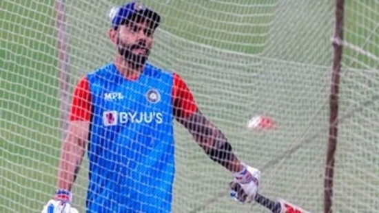 India's Virat Kohli at the nets during practice session ahead of the first Twenty20 international cricket match between India and West Indies in Kolkata, India, Monday, Feb. 14, 2022. (AP Photo/Bikas Das) (AP)