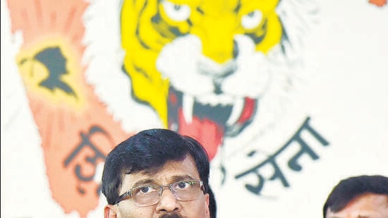 Sena leader Sanjay Raut addresses a press conference at Shiv Sena Bhavan on Tuesday. Anshuman Poyrekar/HT Photo