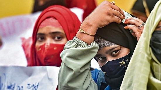 Aliah University Taltala campus students during a protest rally over the 'hijab' controversy in Karnataka, in Kolkata, Friday, Feb. 11, 2022. (PTI Photo/Swapan Mahapatra) Aliah University Taltala campus students during a protest rally over the 'hijab' controversy in Karnataka, in Kolkata, Friday, Feb. 11, 2022. (PTI Photo/Swapan Mahapatra)