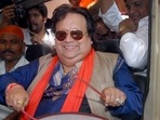 File image of composer Bappi Lahiri beating the drum at an event in Bengal.