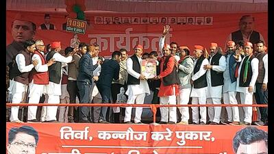 Samajwadi Party (SP) chief Akhilesh Yadav during the public meeting for Uttar Pradesh Assembly elections, in Kanauj on Wednesday. (ANI Photo) Samajwadi Party (SP) chief Akhilesh Yadav during the public meeting for Uttar Pradesh Assembly elections, in Kanauj on Wednesday. (ANI Photo)