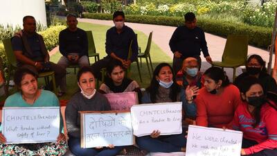 Gurugram, India - February 16, 2022: Residents sit on hunger strike at the Chintels Paradiso premises demanding action against the builder in Gurugram, India, on Wednesday, February 16, 2022. Ceilings of a few apartments in Tower D had collapsed on Thursday, February 10 at the Chintel's Paradiso. (Photo by Vipin Kumar/ Hindustan Times) (Vipin Kumar/HT PHOTO) Gurugram, India - February 16, 2022: Residents sit on hunger strike at the Chintels Paradiso premises demanding action against the builder in Gurugram, India, on Wednesday, February 16, 2022. Ceilings of a few apartments in Tower D had collapsed on Thursday, February 10 at the Chintel's Paradiso. (Photo by Vipin Kumar/ Hindustan Times) (Vipin Kumar/HT PHOTO)