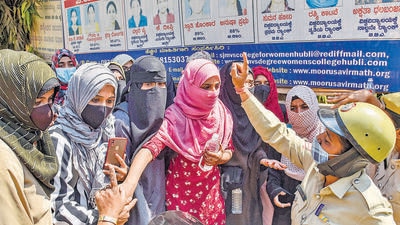 The students of Government Girl’s Pre-University College had started their protest on January 13,weeks after college authorities issued an order banning the hijab inside classrooms. (PTI) The students of Government Girl’s Pre-University College had started their protest on January 13,weeks after college authorities issued an order banning the hijab inside classrooms. (PTI)