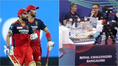 Virat Kohli and Glenn Maxwell; RCB's Director of Cricket Operations Mike Hesson during IPL auction. (IPL) Virat Kohli and Glenn Maxwell; RCB's Director of Cricket Operations Mike Hesson during IPL auction. (IPL)