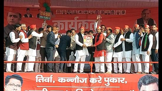 Samajwadi Party (SP) chief Akhilesh Yadav during the public meeting for Uttar Pradesh Assembly elections, in Kanauj on Wednesday. (ANI Photo)