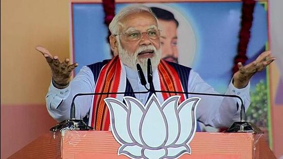 Prime Minister Narendra Modi addressing a rally in Sitapur on Wednesday. (ANI PHOTO)