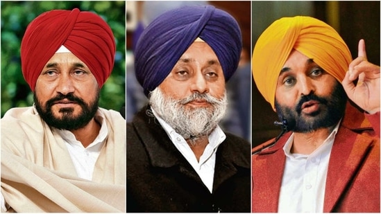 Punjab CM Charanjit Channi (left), SAD's Sukhbir Singh Badal (centre) and AAP's Bhagwant Mann (right).