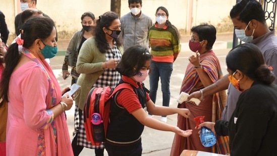 Lipika Mukherjee, an assistant teacher at the school said, "We have been missing school and the ambience as we were teaching online for quite some time now. We all are very excited that the schools are re-opening and hope everyone remains safe and healthy while following all the COVID protocols."(HT Photo/Samir Jana)