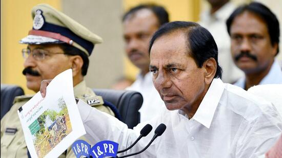 Telangana chief minister K Chandrashekhar Rao addresses media persons in Hyderabad. (PTI)