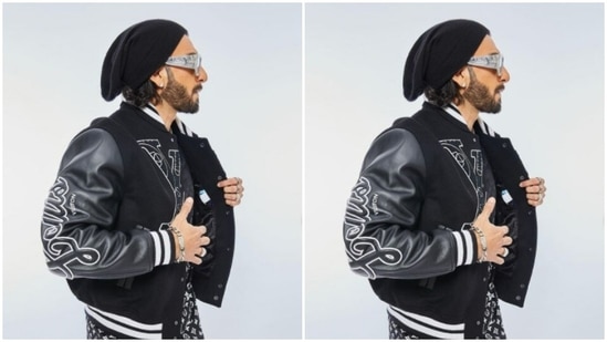 Ranveer's jacket came with leather sleeves and graphic details all throughout.(Instagram/@ranveersingh)